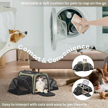 Petsfit Expandable Cat Dog Carrier Airline Approved, 17" L x 11" W x 11" H Soft-Sided Portable Pet Travel Carrier for Kitten, Puppy, Removable Soft Plush Mat and Pockets, Auto-Locking Zippers