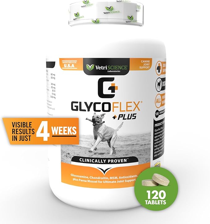 VetriScience GlycoFlex Plus Hip and Joint Supplement for Dogs, Chewable Tablet – Extra-Strength Joint Support with Green Lipped Mussel, Chondroitin, and Glucosamine for Dogs