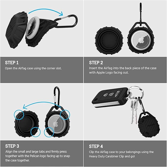 Pelican Marine AirTag Holder - Waterproof AirTag Keychain with Carabiner Clip [Impact Resistant] [Travel Essentials] Protective Apple Air Tag Case for Dog Collar, Backpack, Keys, Luggage - Black