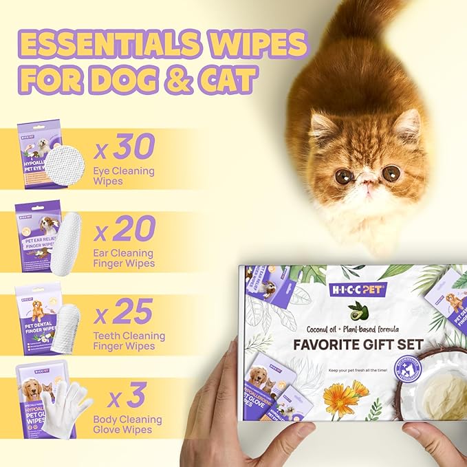 HICC PET Essential Wipes Kit for Dogs & Cats - Hypoallergenic Pet Cleaning Wipes for Teeth, Ears, Eyes, Body - Dog Supplies Cleaning Deodorizing Wipes - Coconut Oil Grooming Wipes for Dogs and Cats
