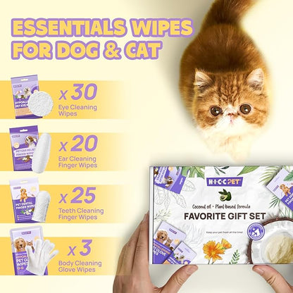 HICC PET Essential Wipes Kit for Dogs & Cats - Hypoallergenic Pet Cleaning Wipes for Teeth, Ears, Eyes, Body - Dog Supplies Cleaning Deodorizing Wipes - Coconut Oil Grooming Wipes for Dogs and Cats