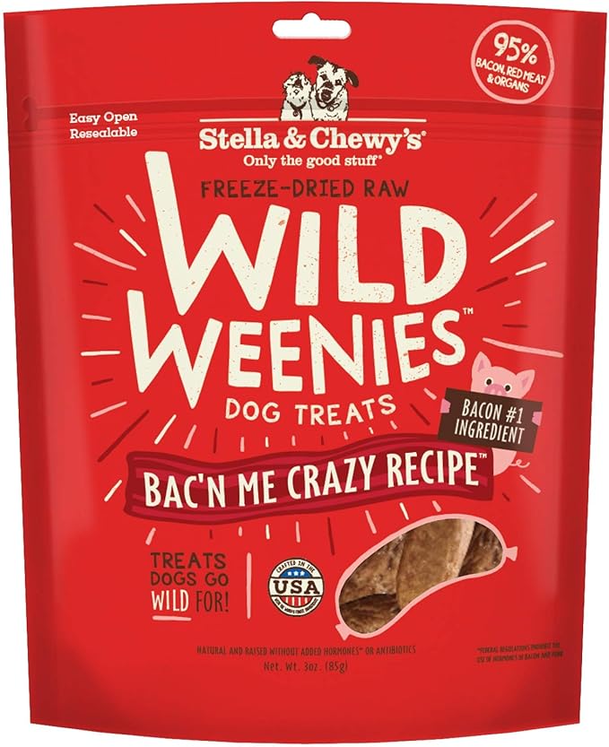 Stella & Chewy's Freeze-Dried Raw Wild Weenies Dog Treats – All-Natural, Protein Rich, Grain Free Dog & Puppy Treat – Great for Training & Rewarding – Bac’n Me Crazy Recipe – 3 oz Bag
