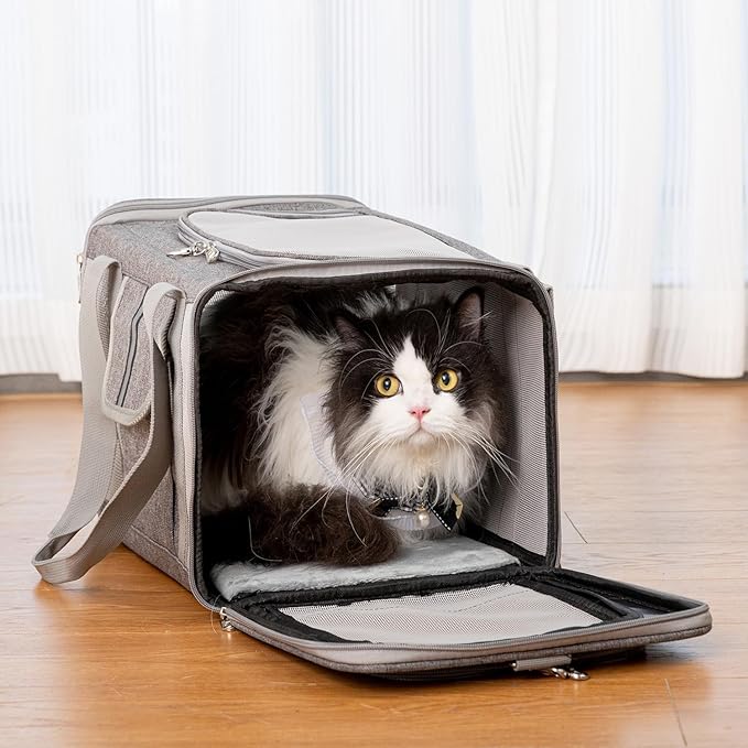 Sedioso Pet Carrier for Large and Medium Cats, 17.7X 10.6X 10.6in Carrier for 2 Kitties, All-Sided Mesh Cat Carrier with Great Ventilation, Portable Soft Sided Carrier Up to 25lbs for Traveling(Grey)
