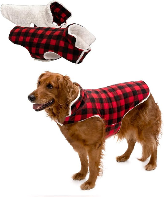 Furhaven Reversible Large Dog Coat, Washable & Insulating w/ Leash Access - Sherpa & Plaid Fleece Flex-Fit Jacket - Cream/Red, Large