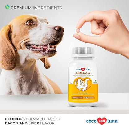 Omega 3 for Dogs - Fish Oil for Dogs Skin and Coat - 120 Chewable Tablets - Omega 3 6 9, EPA & DHA Fatty Acids for Dog Shedding, Dry Skin & Heart Support