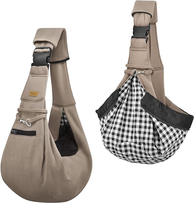 CUBY Dog and Cat Sling Carrier - Hands Free Reversible Pet Papoose Bag - Soft Pouch and Tote Design - Suitable for Puppy, Small Dogs Cats Outdoor (Khaki Senior, Adjust Strap 2.0)…