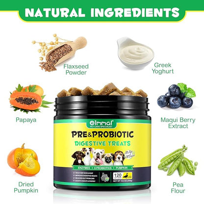 Probiotics for Dogs 120 Count, Dog Probiotic Chews with Digestive Enzymes for Gut Flora, Digestive Health, Immune & Bowel Support, Allergy Itch Relief, Reduce Diarrhea, Gas, Bad Breath