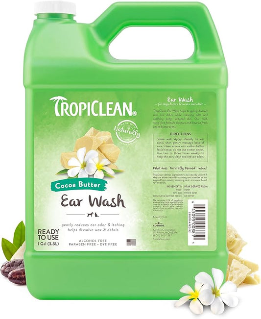 TropiClean Cocoa Butter Ear Wash for Dogs & Cats | Alcohol Free Dog Ear Cleaner Solution | Pet Ear Wash Derived from Natural Ingredients | Made in The USA | 1 Gallon