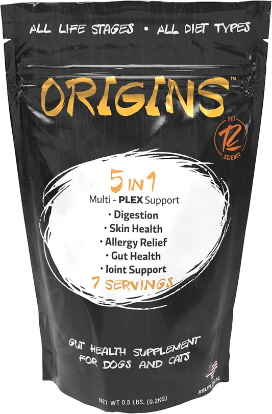 Origins 5-in-1 Dog Supplement - Powdered Food Topper w/Natural Omega 3 Fish Oil - Supports Healthy Digestion, Skin, and Coat - Helps Reduce Itching & Joint Inflammation (1/2 lb)