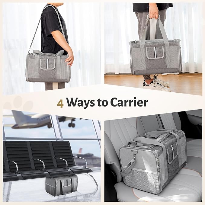 Sedioso Pet Carrier for Large and Medium Cats, 17.7X 10.6X 10.6in Carrier for 2 Kitties, All-Sided Mesh Cat Carrier with Great Ventilation, Portable Soft Sided Carrier Up to 25lbs for Traveling(Grey)