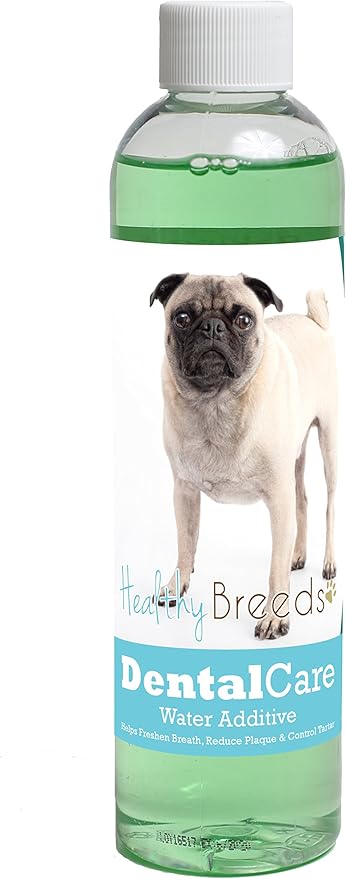 Healthy Breeds Dog Dental Care Water Additive for Pug - Helps Freshen Breath, Reduce Plaque & Control Tartar - Mint Flavor - 8 oz