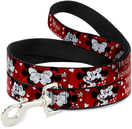 Dog Leash Mickey Minnie Hugs Kisses Poses Reds White 6 Feet Long 1.5 Inch Wide