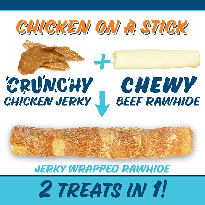 Chicken On A Stick Crunchy & Chewy Chicken Jerky Wrapped Rawhides for Large Dogs, Made in The USA 2-in-1 Dog Treats for Large Dogs, Mega Size 1 Ct