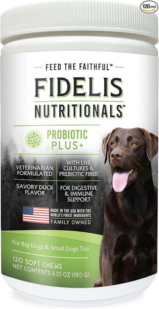 FIDELIS Dog Probiotic Chews with Prebiotic Fiber (120 Soft Chews), Made in USA, Natural Live Cultures Prebiotics & Probiotics, Digestive & Immune System Health, Veterinarian Formulated