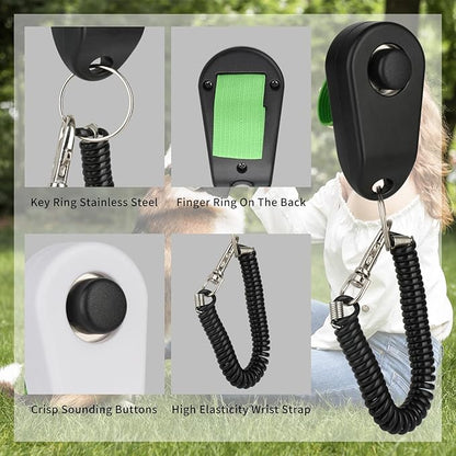 Dog Training Clicker with Finger Ring and Wrist Strap 2 Pack (Black & White) - Versatile Puppy Trainer & Pet Behavior Aid