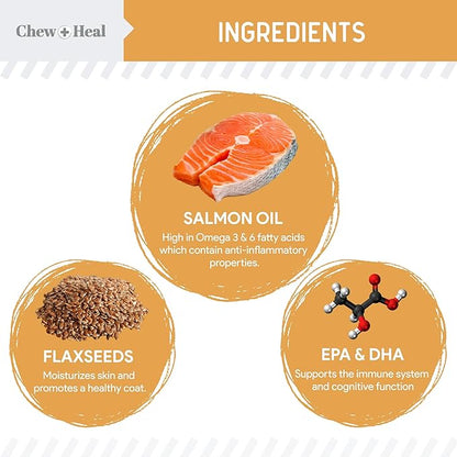 Salmon Oil for Dogs - 60 Soft Chew Omega Treats for Skin and Coat - Fish Oil Blend of Essential Fatty Acids, Omega 3 and 6, Vitamins, Antioxidants and Minerals - Made in USA