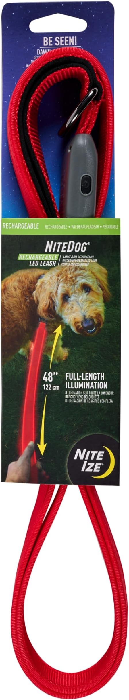 Nite Ize NiteDog Rechargeable LED Leash - Rechargeable LED Light Dog Leash with Padded Handle - Dog Walking Accessories for Walking & Running - 5 Feet, Red