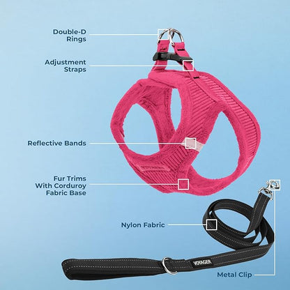 Voyager Step-in Plush Dog Harness – Soft Plush, Step in Vest Harness and Reflective Dog 5 ft Leash Combo with Neoprene Handle for Small and Medium Dogs by Best Pet Supplies -Set (Fuchsia Corduroy), M
