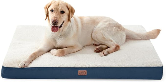Bedsure Large Dog Bed - Big Orthopedic Dog Beds with Removable Washable Cover, Egg Crate Foam Pet Bed Mat, Suitable for Up to 65lbs, Denim Blue