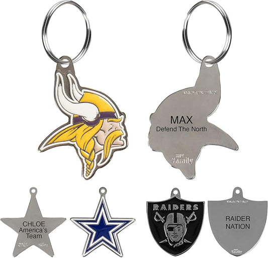 NFL Minnesota Vikings Engraving Pet ID Tags in 32 Team Logo Shapes Personalized Dog Tags and Cat Tags with 3 Lines of Customizable Text for Tracking & Safety. Stainless Steel Pet ID Tracking Tags