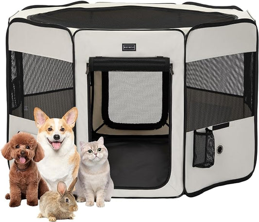 PETSFIT Dog Playpen, 45.5" Sturdy Pop Up Dog Kennel Foldable Dog Pen Indoor Outdoor Puppy Playpen for Medium Dogs Cats with Traveling Bag Zipper Sealed Removable Mesh Top Leakproof Bottom Mat Beige L