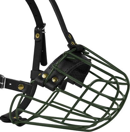 Pitbull Dog Muzzle Metal Mask Amstaff Secure Wire Basket Adjustable Durable Leather Straps for Large Dogs (Green)