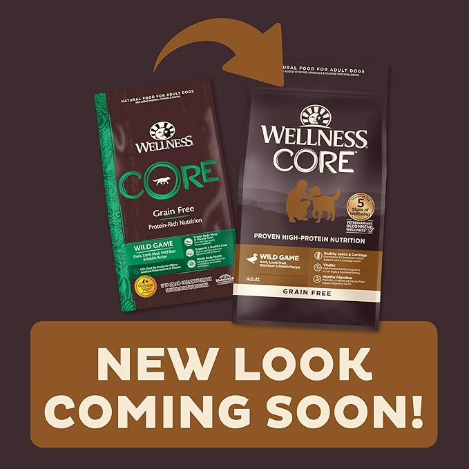 Wellness CORE Grain-Free High-Protein Dry Dog Food, Natural Ingredients, Made in USA with Real Meat, All Breeds, For Adult Dogs (Wild Game Duck, Lamb Meal, Boar & Rabbit, 26-Pound Bag)