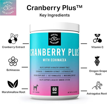Cranberry Chews for Dogs - UTI, Bladder, Kidney, & Urinary Tract Support - Dog Health Supplements Contain Cranberry Extract, Echinacea, Vitamin C, and Astragalus Root - 60 Soft Treats