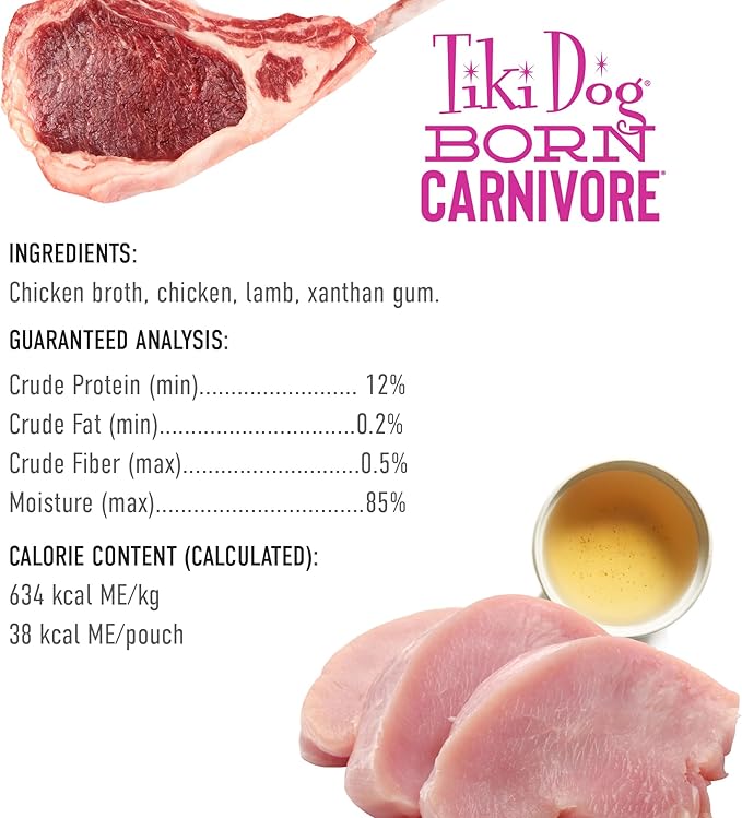 Tiki Dog Born Carnivore Protein Booster Dog Food Topper, Chicken and Lamb Recipe in Broth, 2.1 oz. Pouch (12 Count)