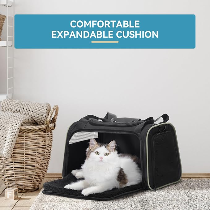 PETSFIT Dog Carrier, Pet Carrier Airline Approved with Extendable Mat, Dog Carriers for Small Dogs, TSA Approved Pet Carrier, Puppy Carrier for Small and Medium Cats Under 12 Lbs, Black