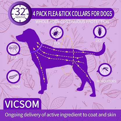 4 Pack Flea Collar for Dogs, Dog Flea and Tick Collar 8 Months Flea and Tick Prevent for Dog, Waterproof Adjustable Dog Flea Collar, Tick and Flea Collar for Large Small Dogs Puppy Flea Collar, Purple