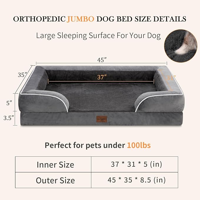 Cooling Dog Bed, Jumbo Dog Bed for Extra Large Dogs, Memory Foam Orthopedic Dog Bed, Jumbo Breed Dog Bed, Waterproof Dog Bed with Bolster & Removable Cover(Jumbo,Leaden Grey)