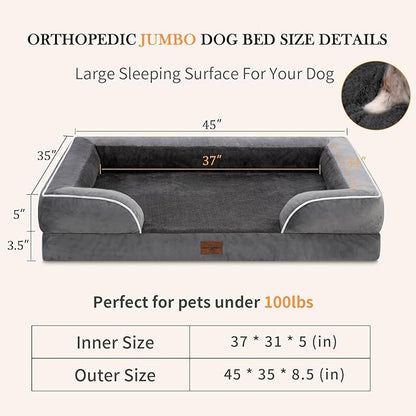 Cooling Dog Bed, Jumbo Dog Bed for Extra Large Dogs, Memory Foam Orthopedic Dog Bed, Jumbo Breed Dog Bed, Waterproof Dog Bed with Bolster & Removable Cover(Jumbo,Leaden Grey)