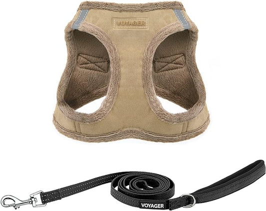 Voyager Step-in Plush Dog Harness – Soft Plush, Step in Vest Harness and Reflective Dog 5 ft Leash Combo with Neoprene Handle for Small and Medium Dogs by Best Pet Supplies -Set (Latte Suede), XL
