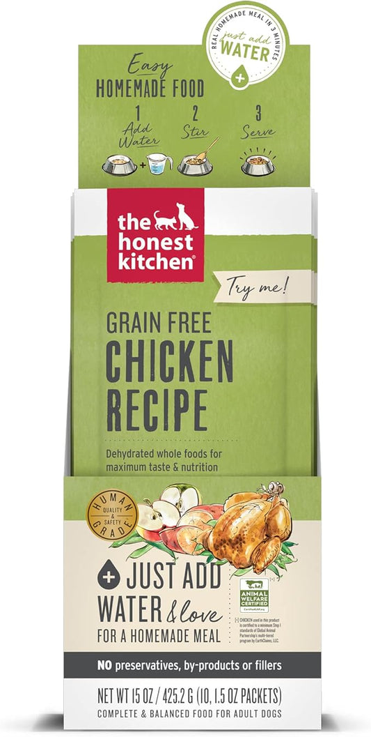 The Honest Kitchen Human Grade Dehydrated Grain Free Dog Food – Complete Meal or Dog Food Topper – Chicken 10-Pack of 1.5 oz Sachets