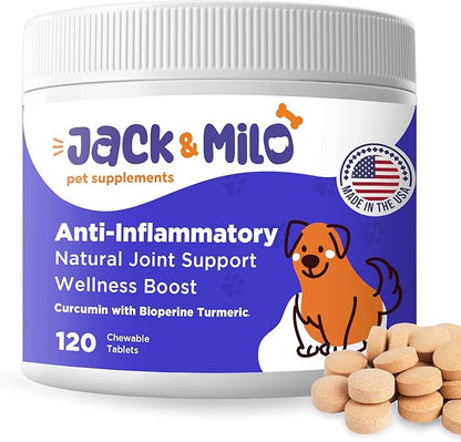 Jack & Milo Turmeric for Dogs Anti Inflammatory, Hip, and Joint Supplement Dogs - Dog arthritis Pain Relief, Support for Mobility & Wellness, USA Made-GMP Certified, Non-GMO, 120 Tablets