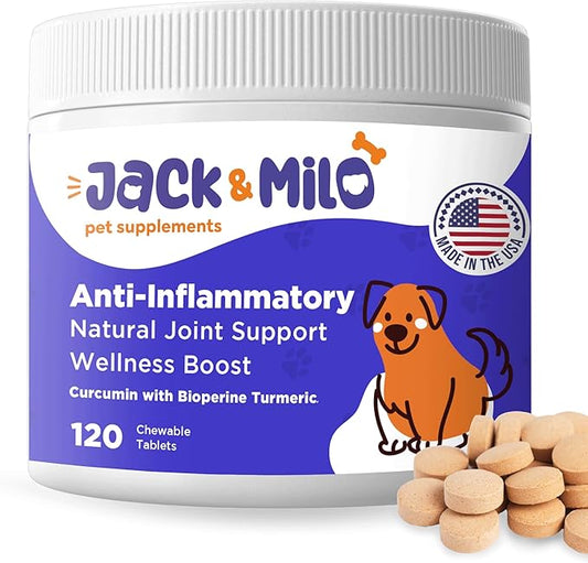Jack & Milo Turmeric for Dogs Anti Inflammatory, Hip, and Joint Supplement Dogs - Dog arthritis Pain Relief, Support for Mobility & Wellness, USA Made-GMP Certified, Non-GMO, 120 Tablets
