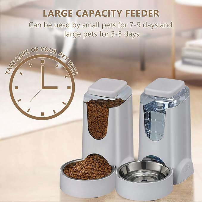 2 Pack Automatic Cat Feeder and Water Dispenser with Stainless Steel Dog Bowl Gravity Self Feeding for Small Medium Pets Puppy Kitten 1 Gallon x 2 (Pink) (grey)