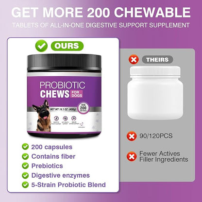 Probiotics for Dogs Dog Probiotic Chews and Digestive Enzymes Prebiotic Health Gut Itchy Skin Probioticos Itching Diarrhea Chew Supplements Canine Pet Prebiotics 200 Natural Soft Chewable Tablets