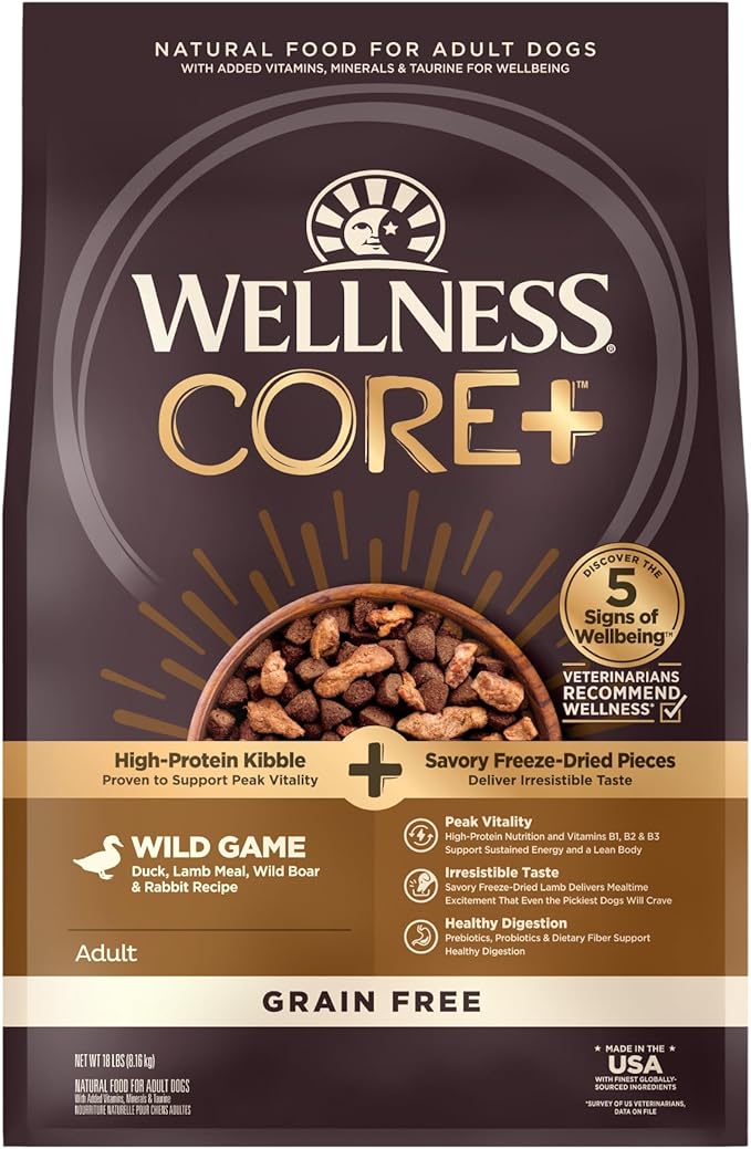 Wellness CORE+ Natural Grain Free Dry Dog Food, Wild Game Duck, Wild Boar & Rabbit with Freeze Dried Lamb, 18-Pound Bag