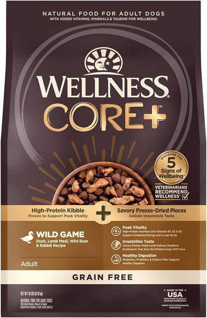 Wellness CORE+ Natural Grain Free Dry Dog Food, Wild Game Duck, Wild Boar & Rabbit with Freeze Dried Lamb, 18-Pound Bag