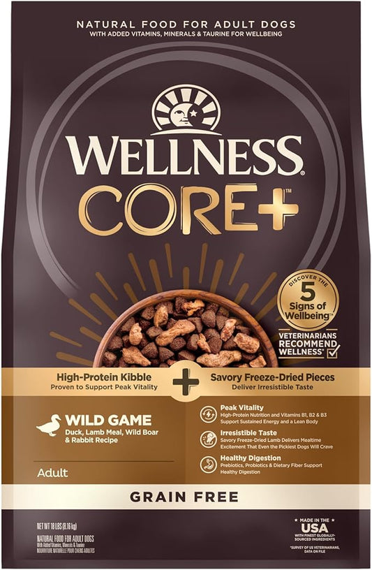 Wellness CORE+ Natural Grain Free Dry Dog Food, Wild Game Duck, Wild Boar & Rabbit with Freeze Dried Lamb, 18-Pound Bag