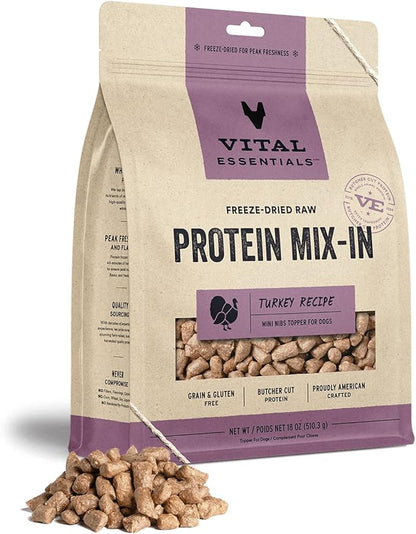 Vital Essentials Freeze Dried Raw Protein Mix-in Dog Food Topper, Turkey Mini Nibs Topper for Dogs, 18 oz