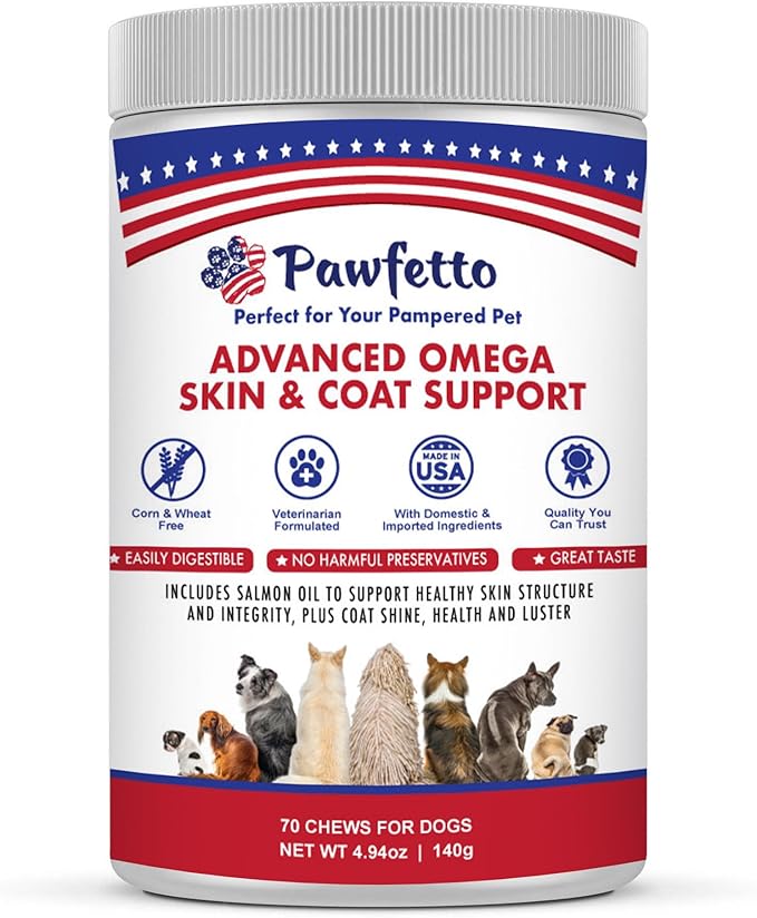 Advanced Omega Skin & Coat Support for Dogs. with Omega Fatty Acids, Salmon Oil, Flaxseed, and Vitamin E. Easily Digestible, Great Vegetable Flavor. Perfect for Your Pampered Pet (70 Chews)