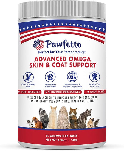 Advanced Omega Skin & Coat Support for Dogs. with Omega Fatty Acids, Salmon Oil, Flaxseed, and Vitamin E. Easily Digestible, Great Vegetable Flavor. Perfect for Your Pampered Pet (70 Chews)