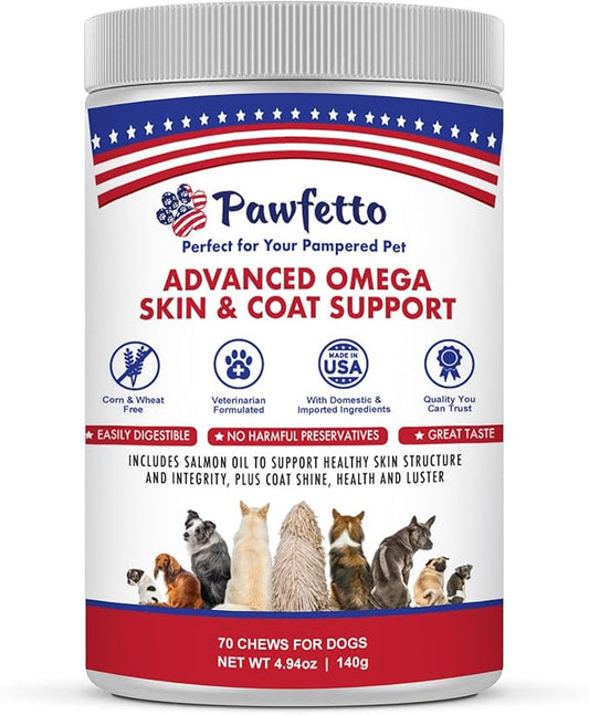 Advanced Omega Skin & Coat Support for Dogs. with Omega Fatty Acids, Salmon Oil, Flaxseed, and Vitamin E. Easily Digestible, Great Vegetable Flavor. Perfect for Your Pampered Pet (70 Chews)