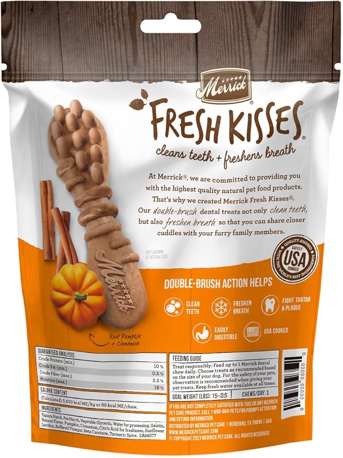 Merrick Fresh Kisses Natural Dental Chews, Treats Infused with Pumpkin and Cinnamon for Small Dogs 15-25 Lbs - 8.8 oz. Pouch
