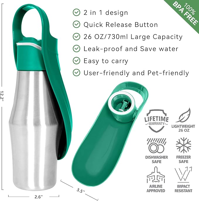 Dog Water Bottle, Portable Dog Water Bottle Dispenser - 27 OZ Stainless Steel Leak-Proof Water Bottle for Dogs On The Go, Perfect for Travel, Walking, Hiking and Outdoor Activities, Green