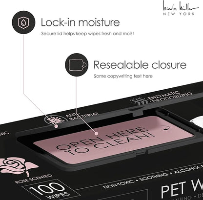 Nicole Miller Rose Scented Alcohol-free Pet Wipes, Clean Ears, Paws, Body, & Butt - 100pk