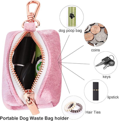 ARING PET Velvet Dog Waste Bag Dispenser, Pink Doggy Poop Bags Holders Attach to Any Leashes, Portable Washable Pet Waste Pouch Dispenser with Metal Zipper